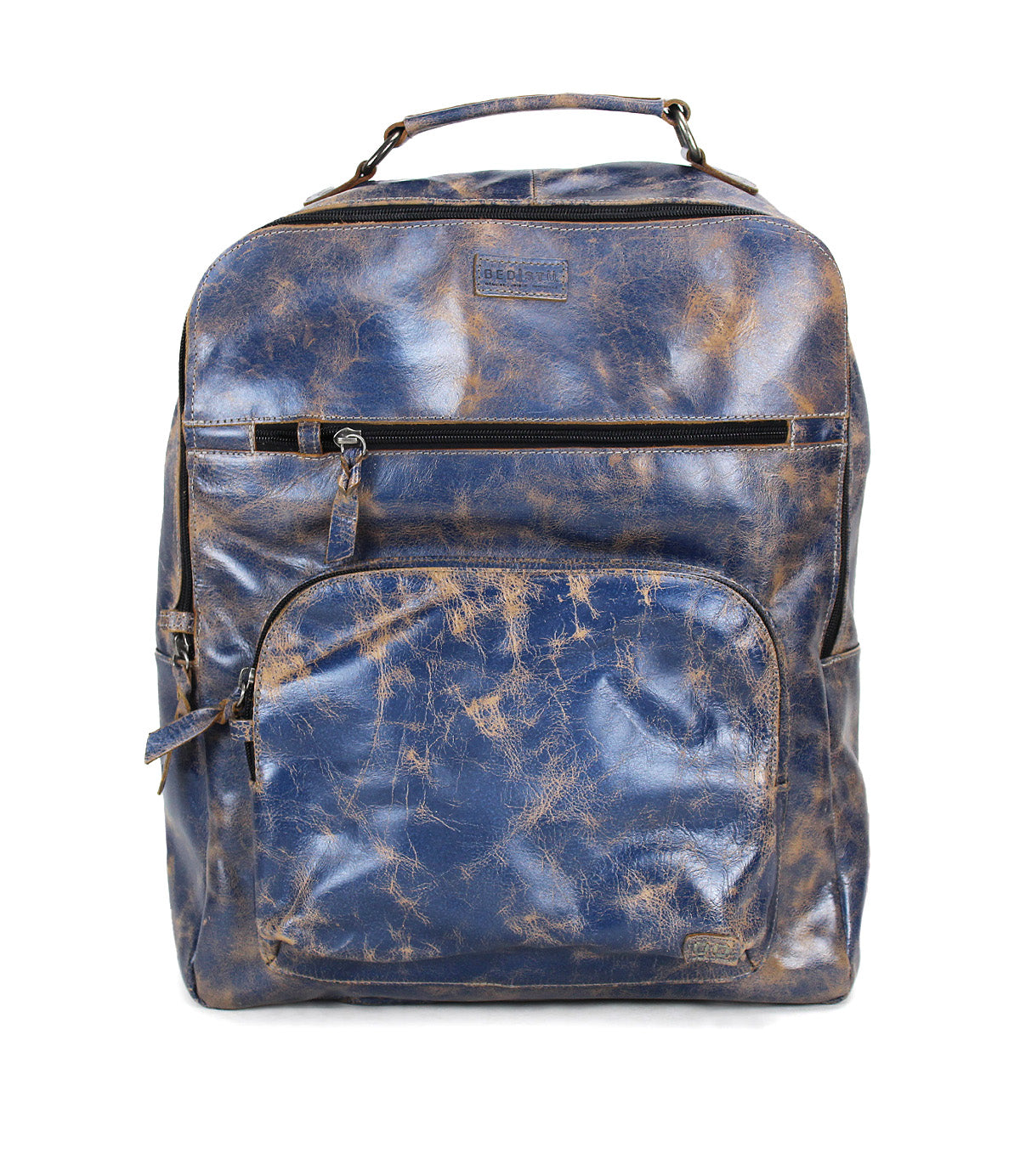 The Lafe backpack by Bed Stu is a square-shaped, blue and brown distressed leather bag with a top handle, front zipper pocket, and main compartment—ideal as a work bag or travel carry-on.