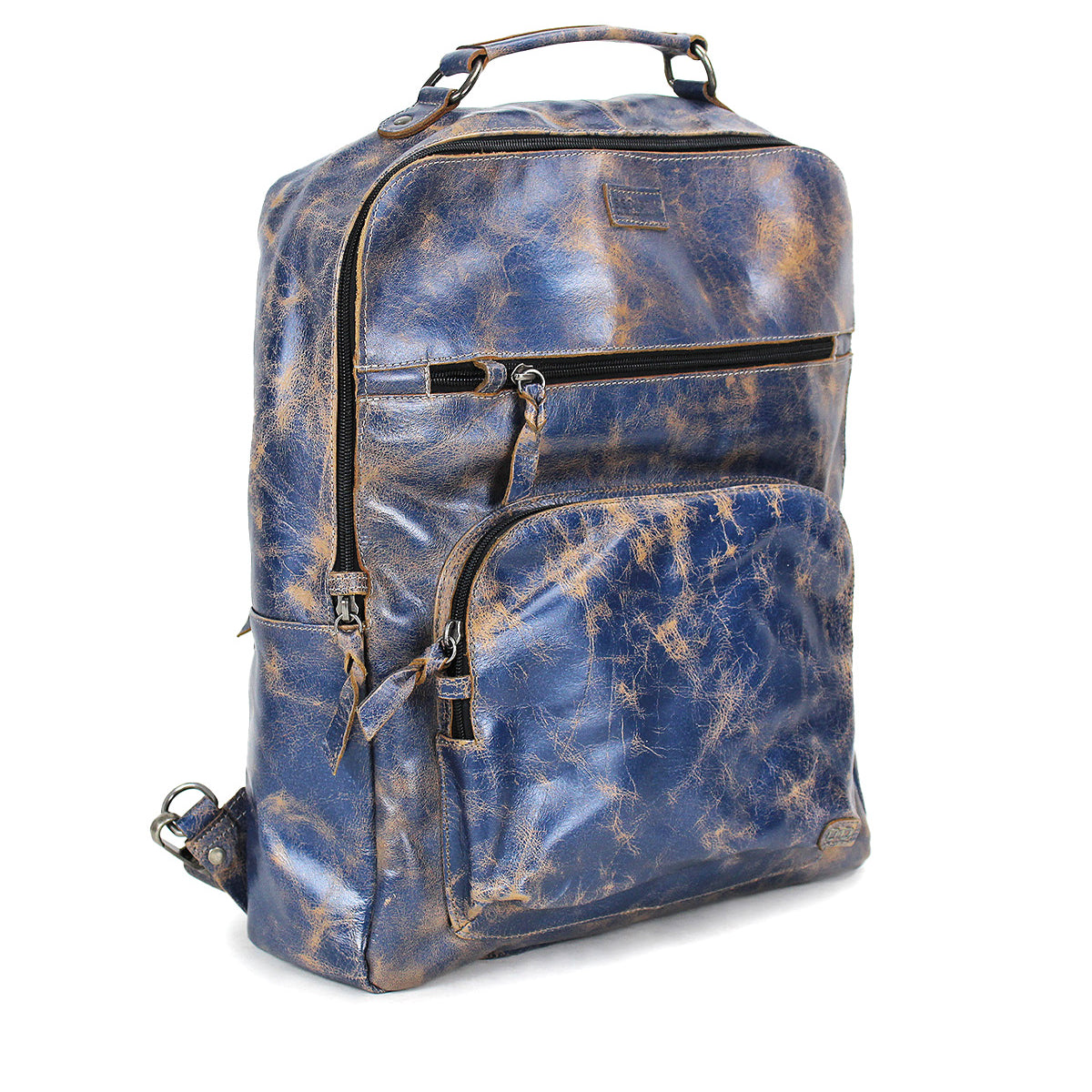 The Bed Stu Lafe is a blue and brown distressed leather backpack with a top handle, front zippered pocket, and silver-tone zippers—ideal as a travel carry-on or work bag, displayed against a white background.