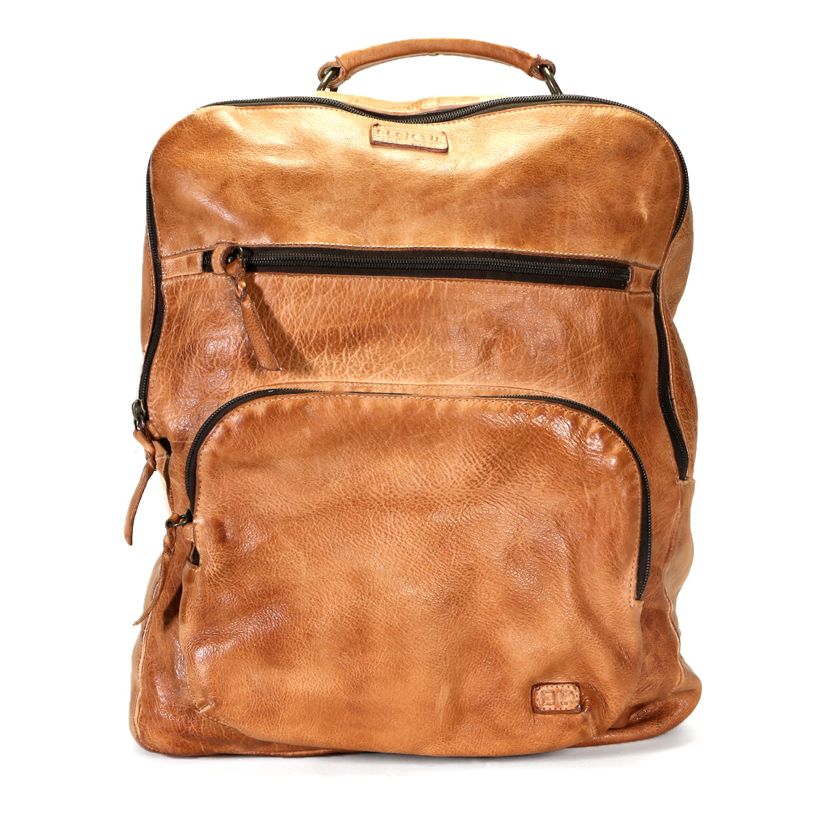 The Lafe by Bed Stu is a spacious brown leather backpack featuring a top handle, front pocket, zippers, and a security tab for peace of mind.