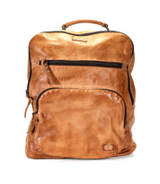 The Lafe by Bed Stu is a spacious brown leather backpack featuring a top handle, front pocket, zippers, and a security tab for peace of mind.