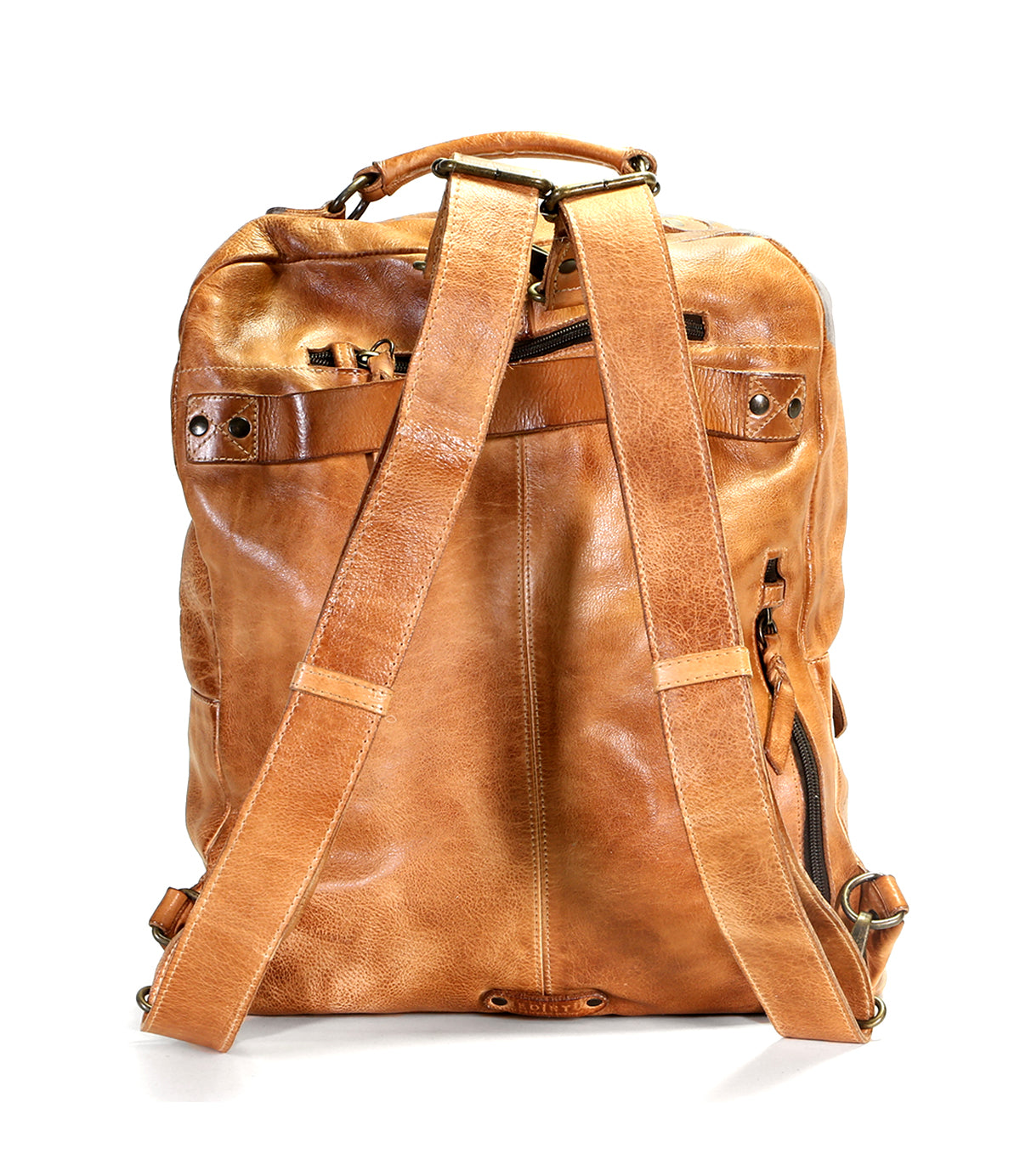 The Lafe backpack by Bed Stu, shown from the back, is a spacious tan leather bag featuring adjustable straps, multiple pockets, and a security tab.