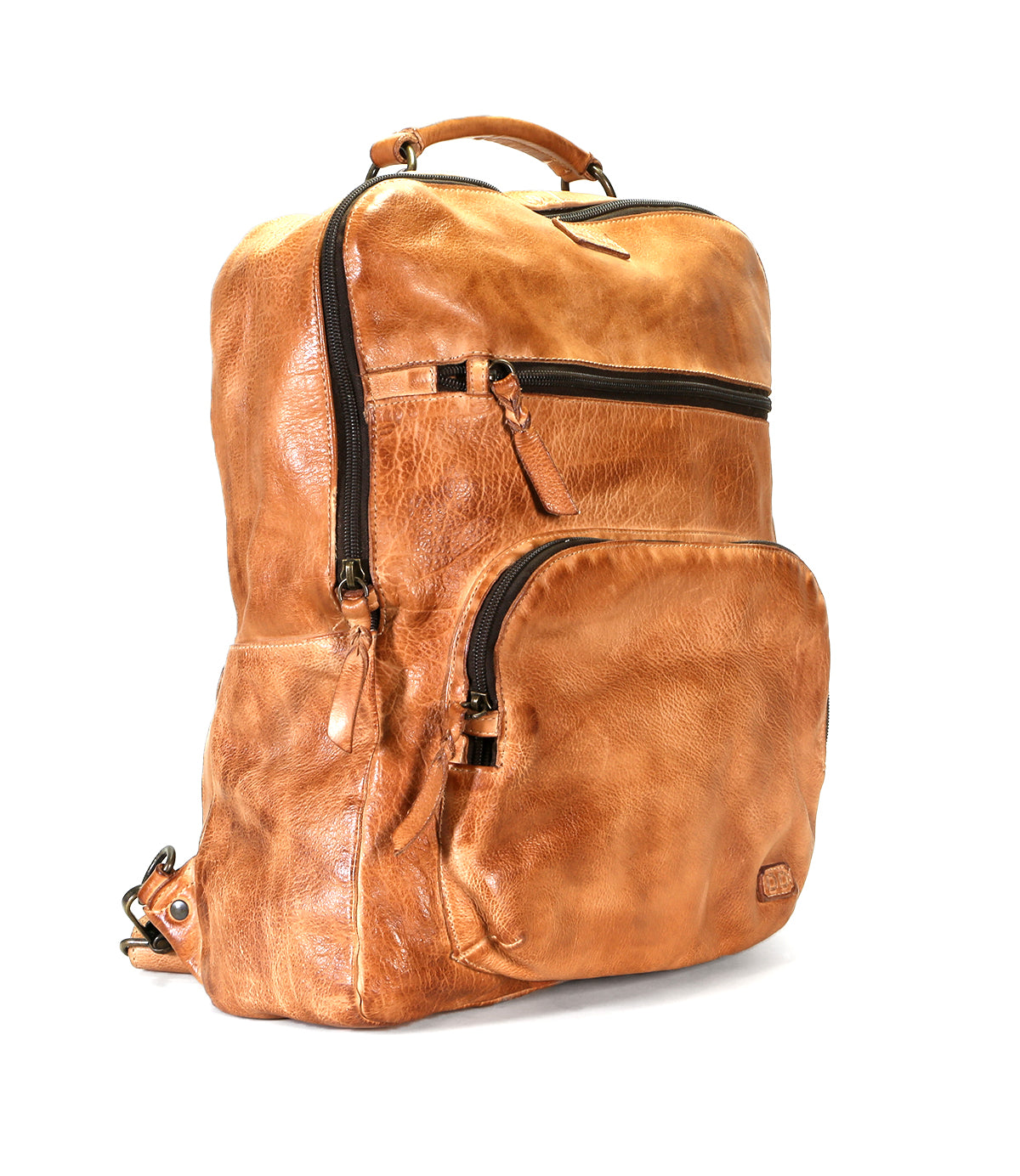 The Bed Stu Lafe is a spacious brown leather backpack featuring multiple zippered compartments, a security tab, and a top handle, showcased upright on a plain white background.