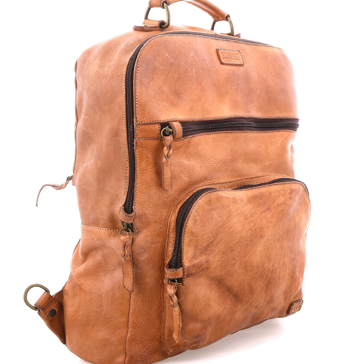 The Bed Stu Lafe is a brown leather backpack featuring two front zippered pockets and a top handle, displayed at an angle on a white background—perfect for stylish carry-on use.
