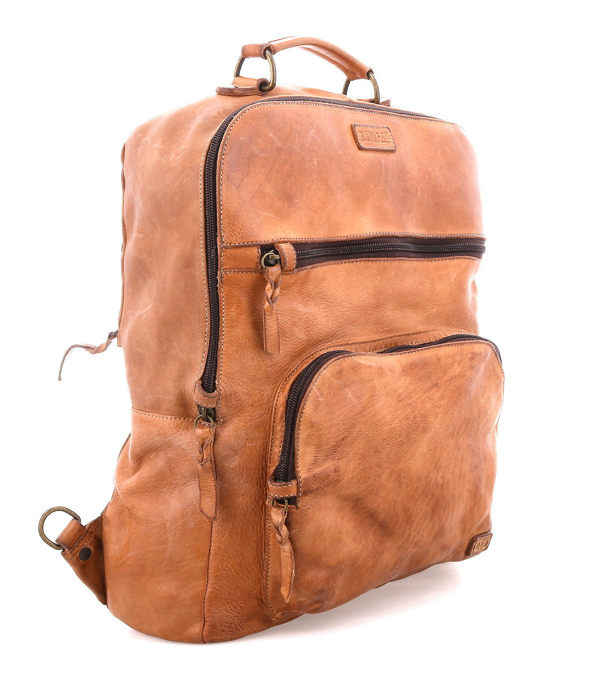 The Bed Stu Lafe is a brown leather backpack featuring two front zippered pockets and a top handle, displayed at an angle on a white background—perfect for stylish carry-on use.