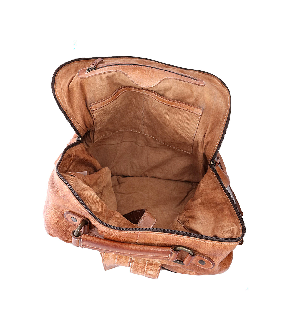 The Lafe by Bed Stu is an open brown leather bag featuring visible interior compartments, making it a spacious and secure travel companion.