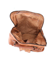 The Lafe by Bed Stu is an open brown leather bag featuring visible interior compartments, making it a spacious and secure travel companion.
