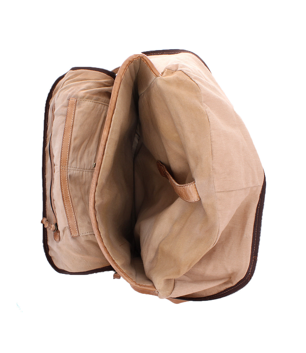 The Bed Stu Lafe is an open tan canvas work bag with visible inner compartments and a leather strap, shown from a top-down view—perfect as your carry-on companion.