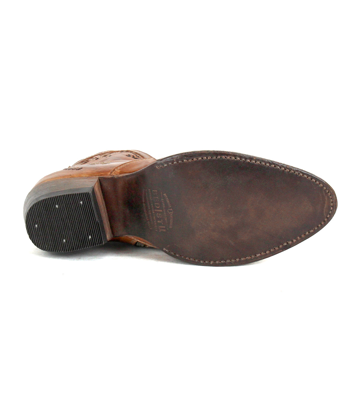 The Laredoa by Bed|Stü is a brown leather dress shoe showcased from the bottom, emphasizing its smooth sole with visible stitching and a textured rubber heel—refined details that distinguish it from classic Western boots or feminine cowboy boots.