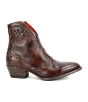 Laredoa by Bed|Stü is a brown leather western ankle boot featuring floral embroidery, a low wooden heel, and a slightly pointed toe; these feminine cowboy boots are shown from the side against a white background.