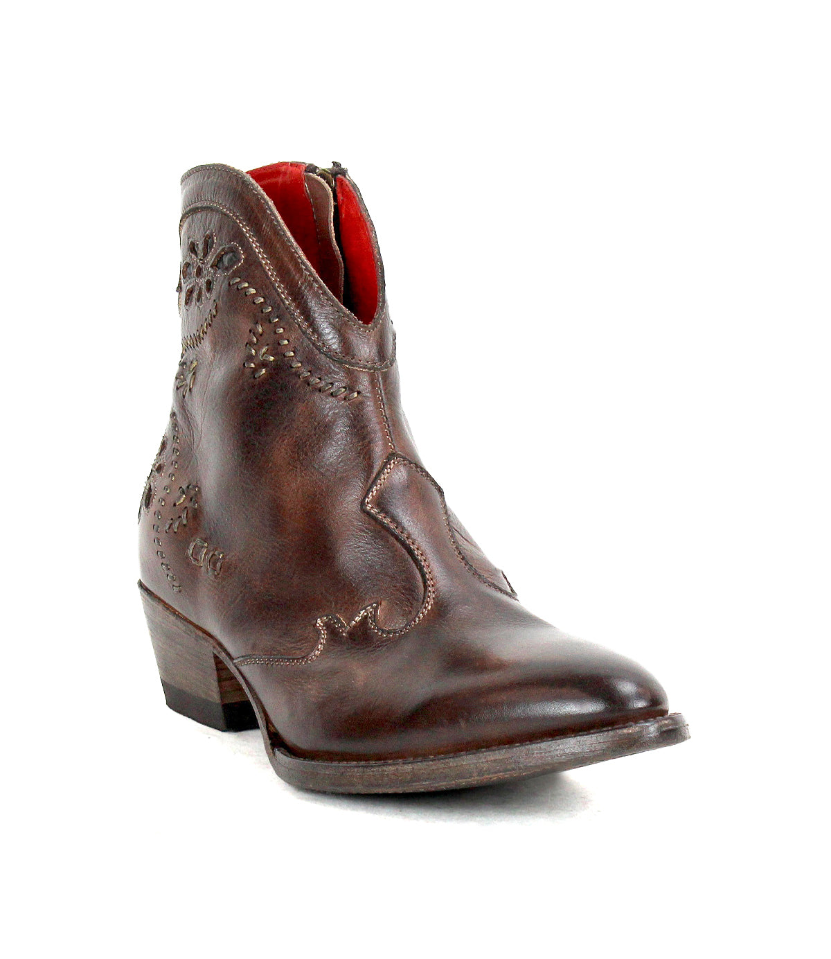 The Laredoa by Bed|Stü is a brown leather ankle boot featuring decorative stitching inspired by feminine cowboy boots, a side zipper, low heel, and a slightly pointed toe, photographed on a white background.