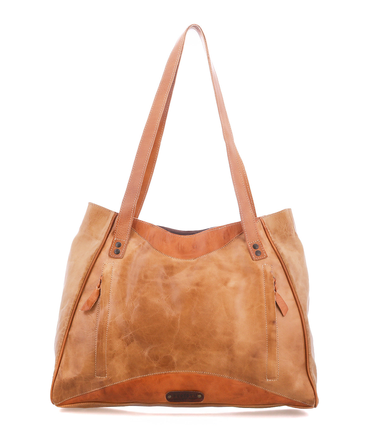 The Larue LTC by Bed|Stü is a large tan leather shoulder bag with two straps, front stitching, and a slightly worn finish for everyday elegance.