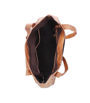 Top view of the Larue LTC by Bed|Stü, an open brown leather shoulder bag with two handles, multiple interior pockets, and dark lining on a white background.