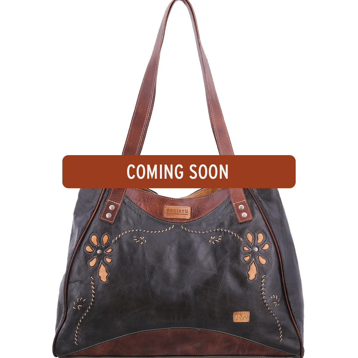Bed|Stü Larue LTC dark brown leather shoulder bag with floral motif cutouts and handstitched details, featuring a “COMING SOON” banner across the center.