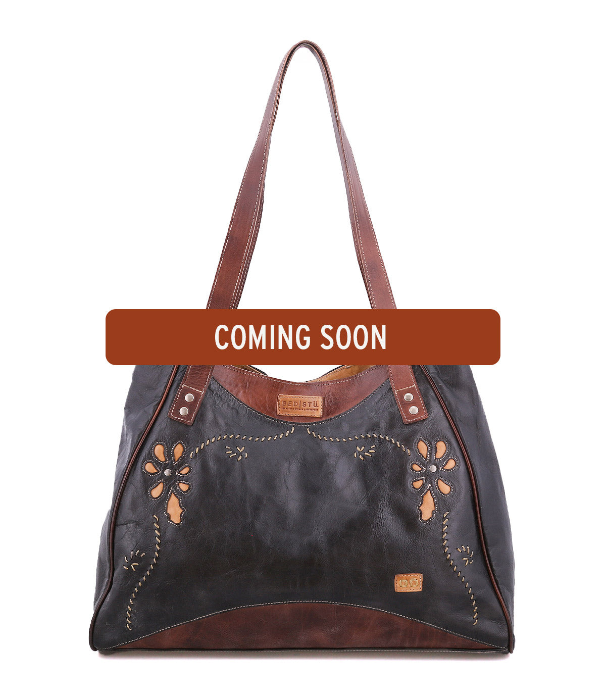 Bed|Stü Larue LTC dark brown leather shoulder bag with floral motif cutouts and handstitched details, featuring a “COMING SOON” banner across the center.