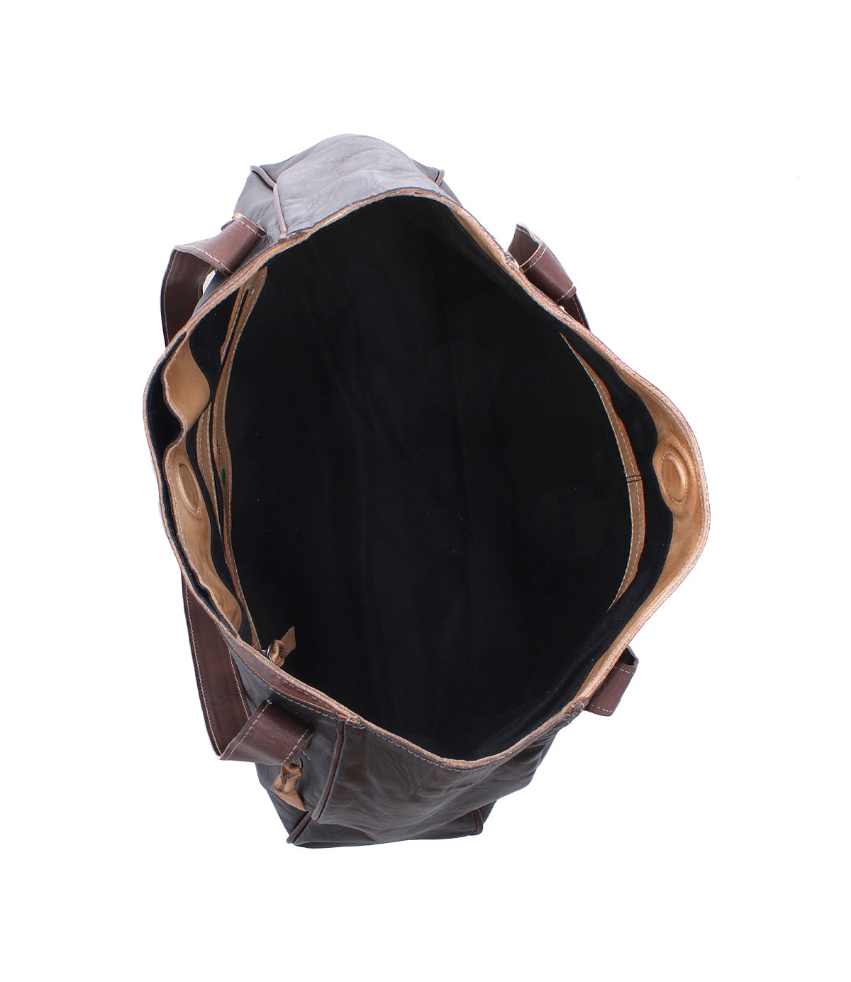Top view of the Bed|Stü Larue LTC, an open brown leather shoulder bag with handstitched details, black interior lining, and multiple side pockets, displayed empty against a white background.