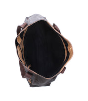 Top view of the Bed|Stü Larue LTC, an open brown leather shoulder bag with handstitched details, black interior lining, and multiple side pockets, displayed empty against a white background.