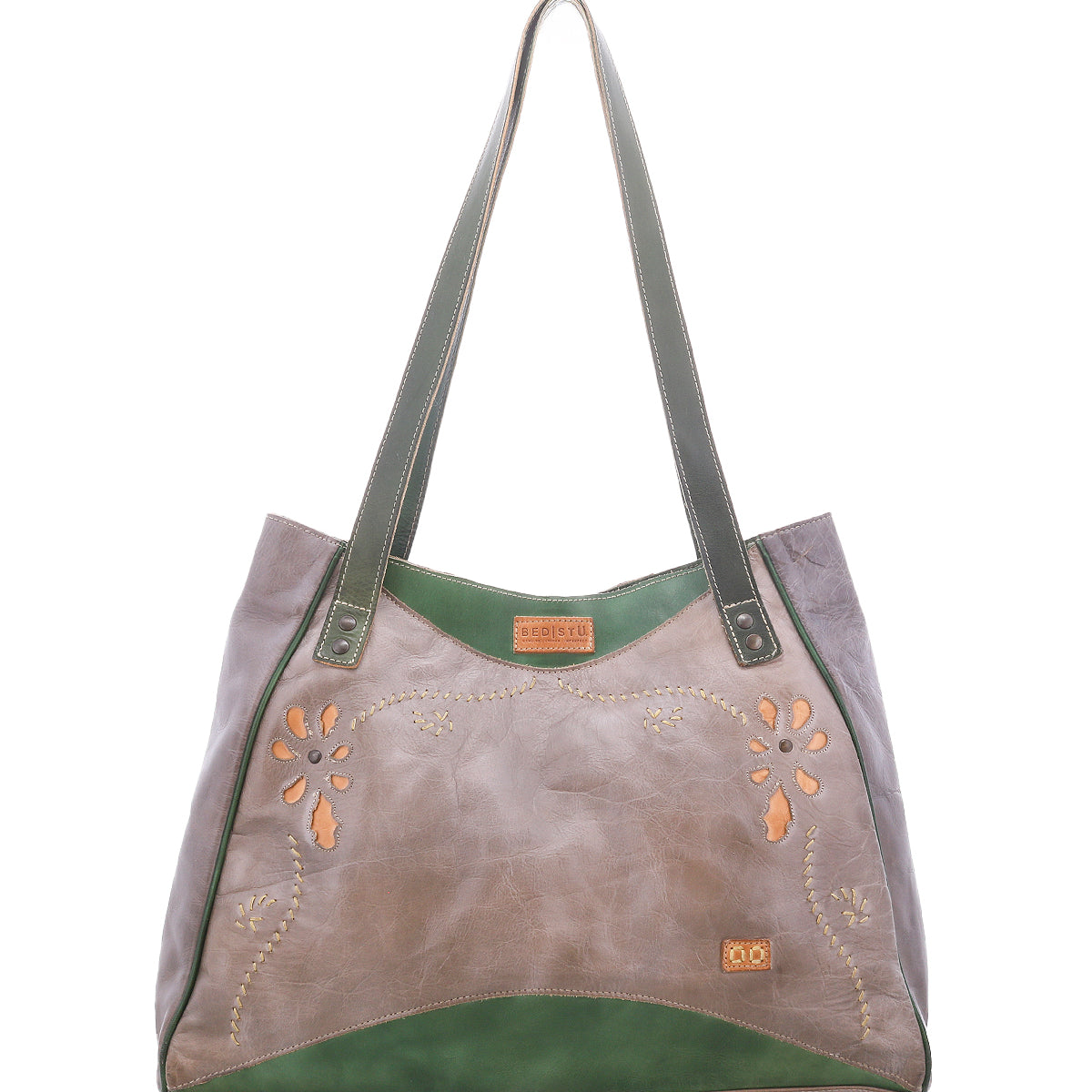 Bed|Stü Larue LTC: Gray and green leather shoulder bag with floral cutouts, double handles, and tan stitching accents on a white background.