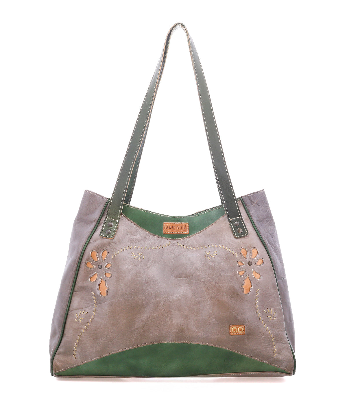 Bed|Stü Larue LTC: Gray and green leather shoulder bag with floral cutouts, double handles, and tan stitching accents on a white background.