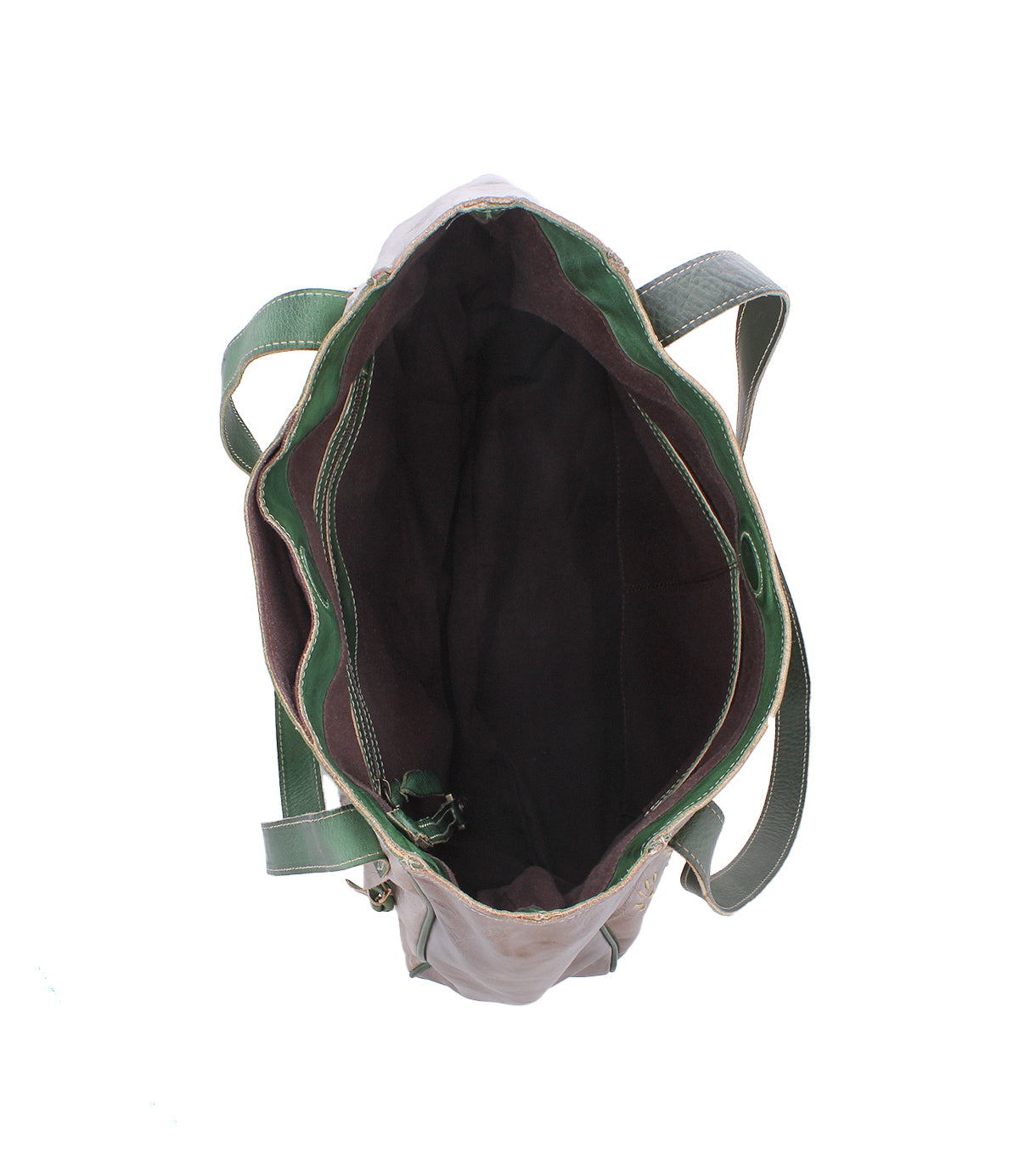 Top view of the Bed|Stü Larue LTC: handstitched bag with green handles and trim, featuring a roomy, dark-lined interior and visible stitching.