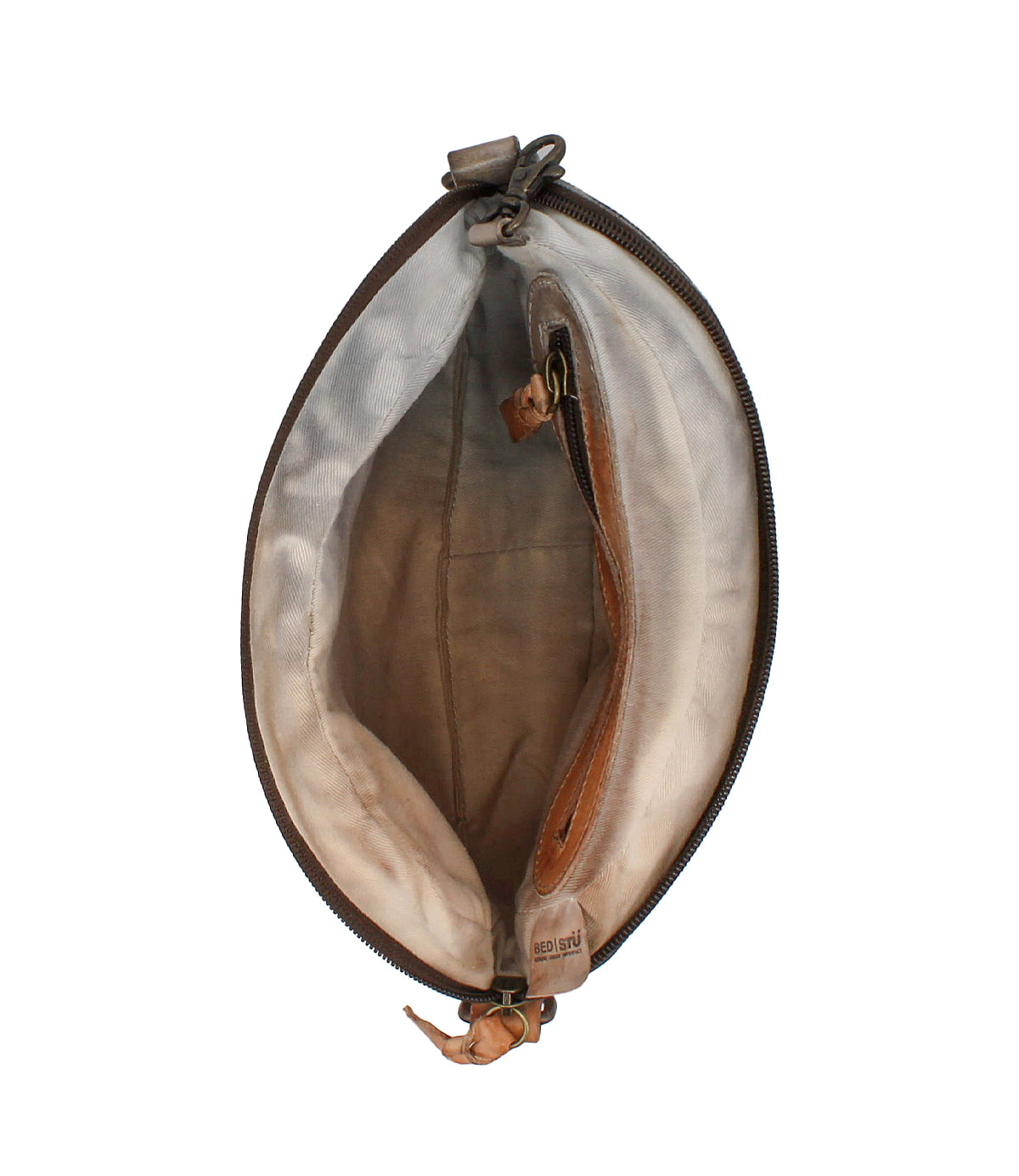 Top view of the Bed Stu Lavish pouch, open and empty with a zipper closure and inner pocket—perfect as a lightweight everyday carry bag.