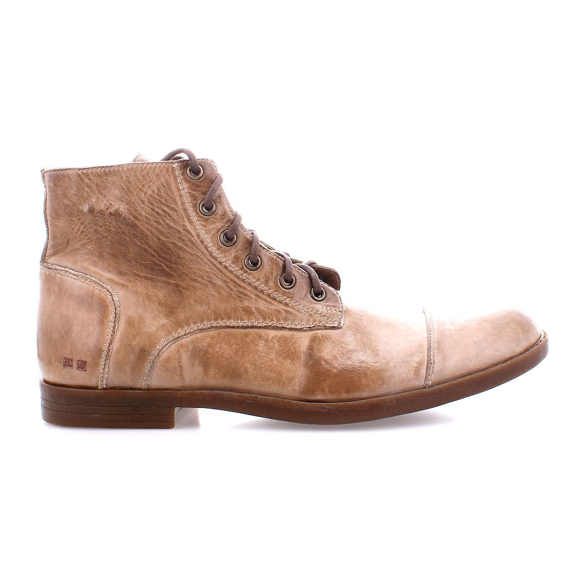 The image displays the Leonardo by Bed Stu, a light brown leather boot with a worn texture in a side view, featuring a comfortable insole for all-day wear.