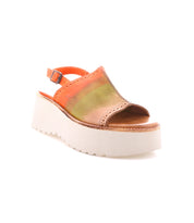 The Library platform sandal by Bed Stu features an open toe, orange and green gradient upper, adjustable buckle ankle strap, and a thick white ridged sole—ideal for capturing '90s nostalgia.