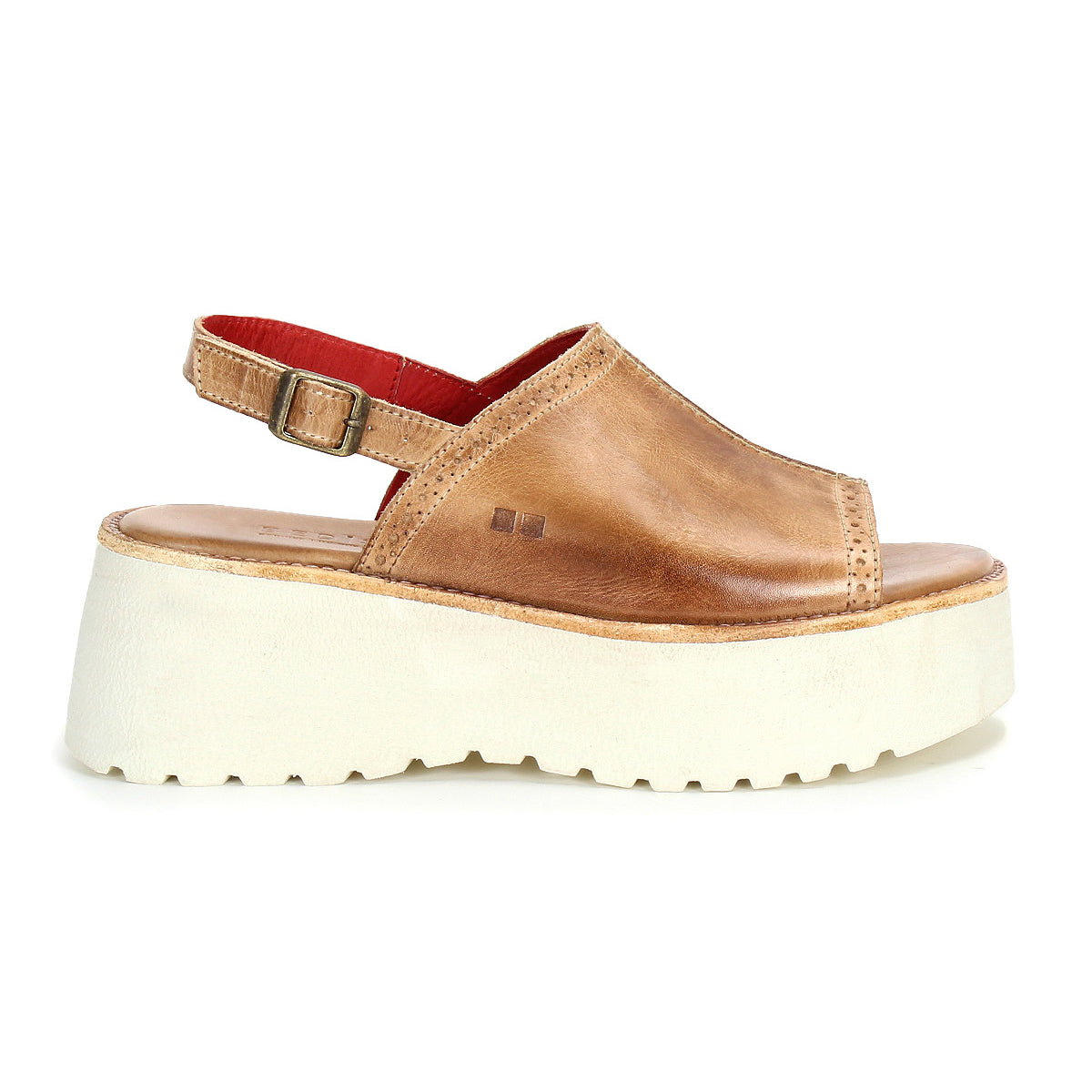 The Bed Stu Library is a brown leather platform sandal with open toe, slingback strap, adjustable buckle, and a thick white ridged sole for retro ’90s style.