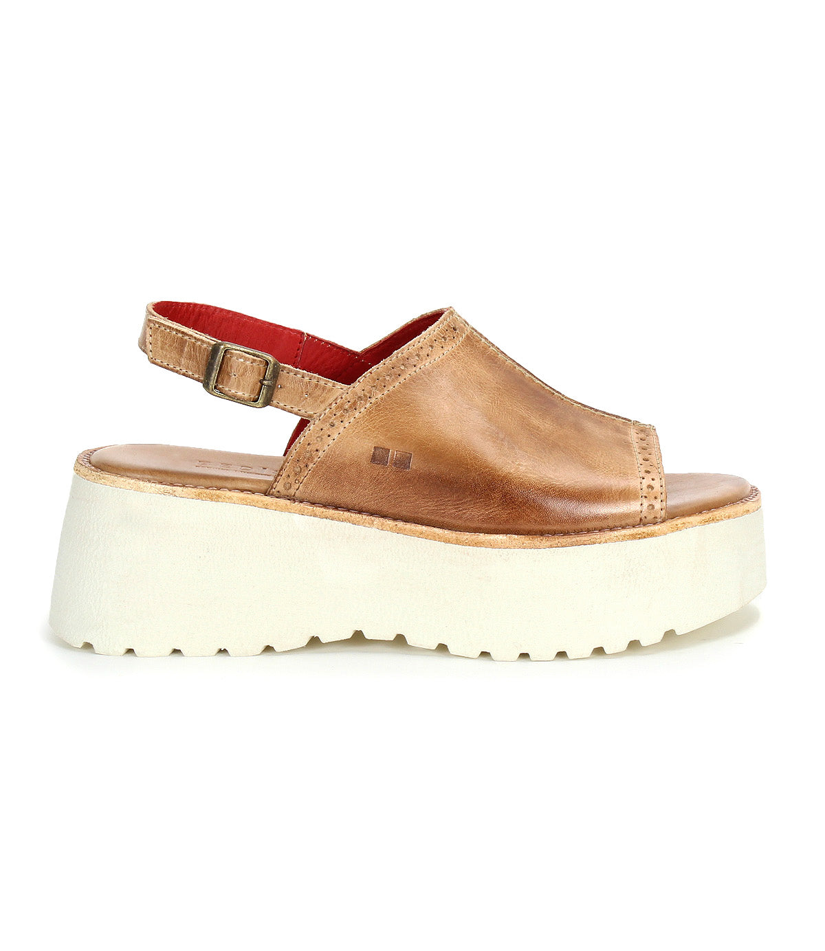 The Bed Stu Library is a brown leather platform sandal with open toe, slingback strap, adjustable buckle, and a thick white ridged sole for retro ’90s style.