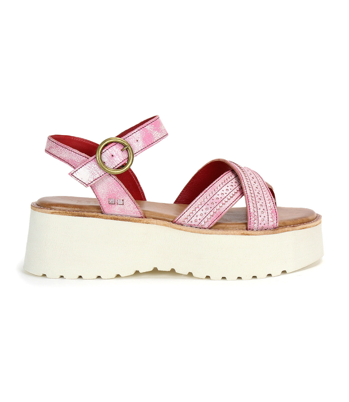The Bed Stu Lift is a pink platform sandal with two crisscross straps, an adjustable ankle strap with a round gold buckle, and a thick white sole, shown in side profile.