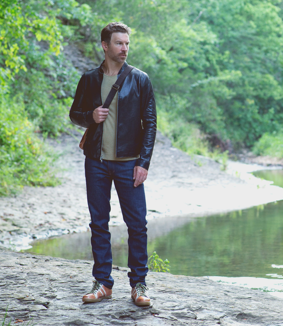 A man wearing a pair of Bed Stu Lighthouse sneakers.