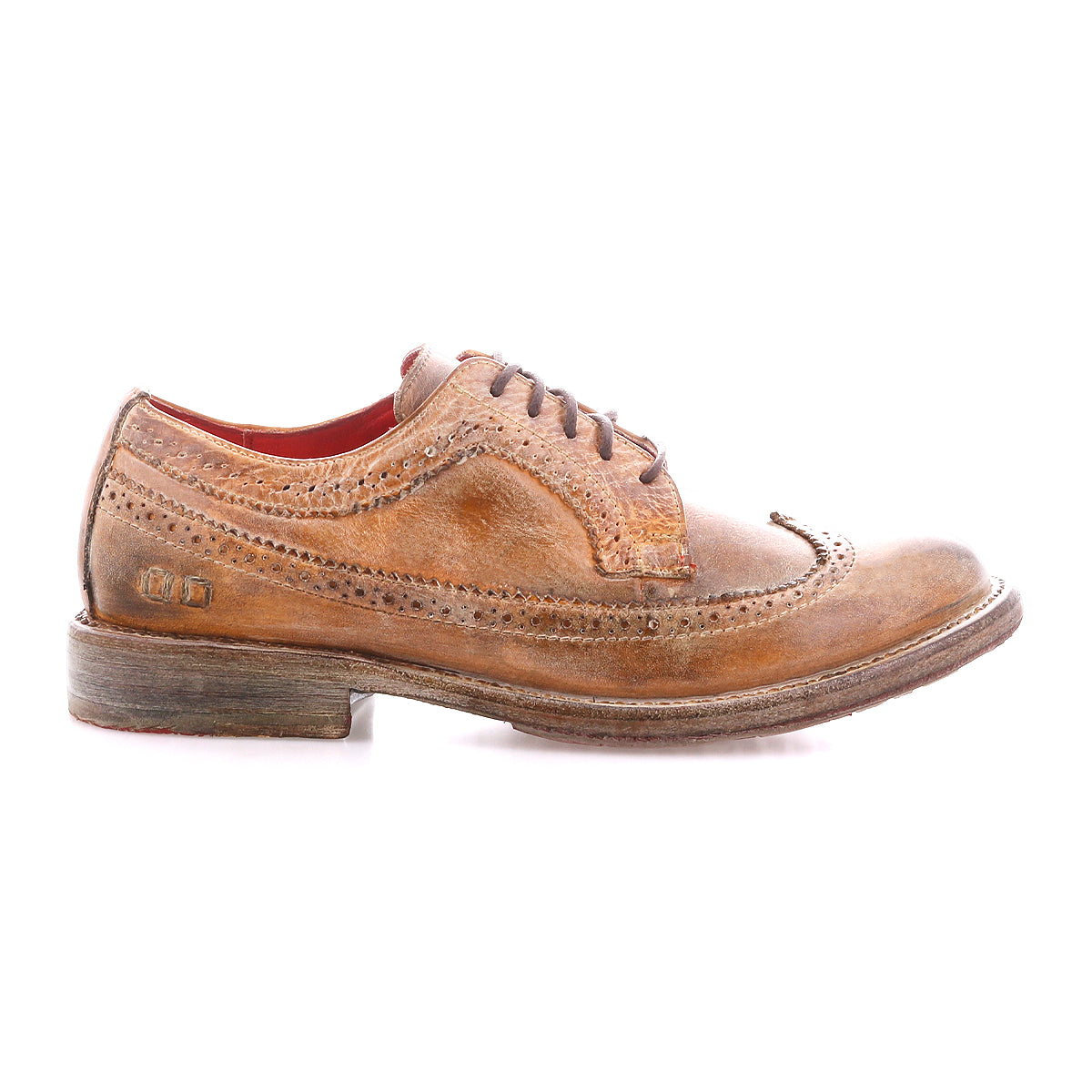 The Bed Stu Lita K II is a single brown leather classic derby wingtip shoe with visible wear, detailed brogue stitching, and dark laces, shown in profile on a white background.