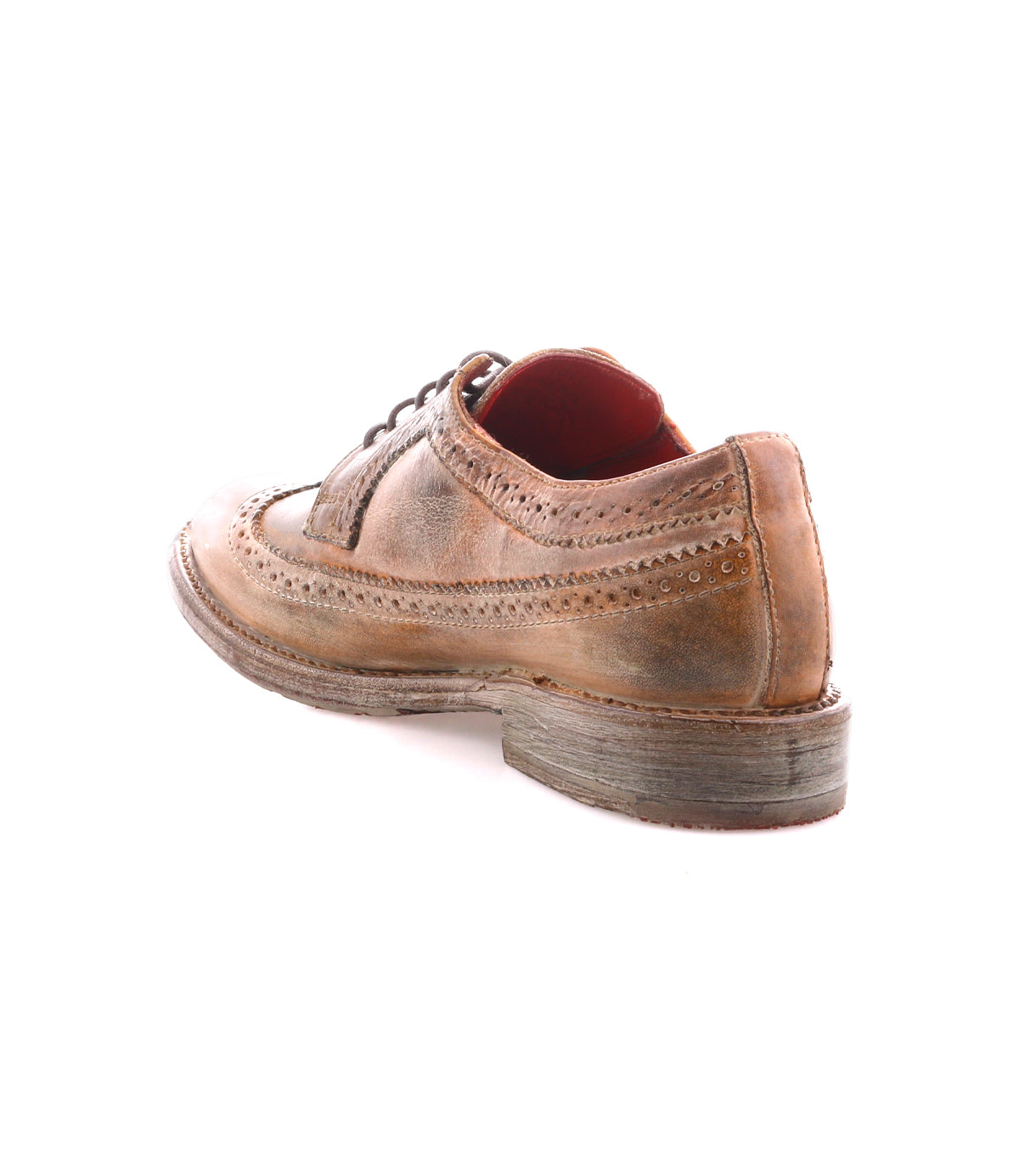 A rear view of a single worn brown Bed Stu Lita K II leather derby shoe shows visible creases, scuffs, and subtle brogue details on a white background.