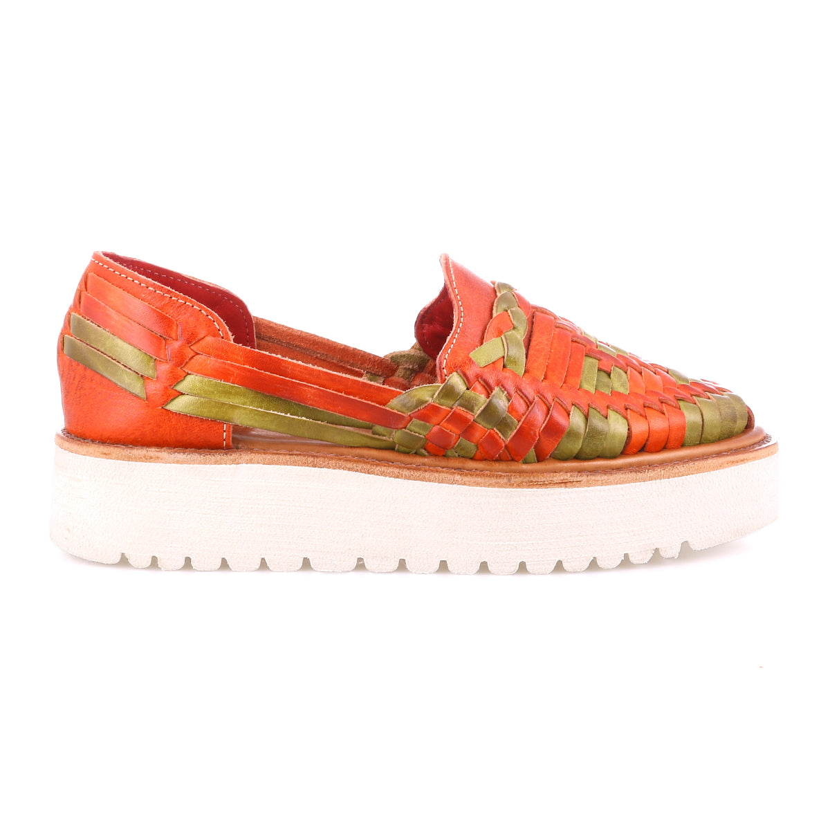 The Lizzie by Bed Stu is a hand-woven leather shoe in striking red and green, featuring a modern thick white XL EXTRALIGHT® outsole.