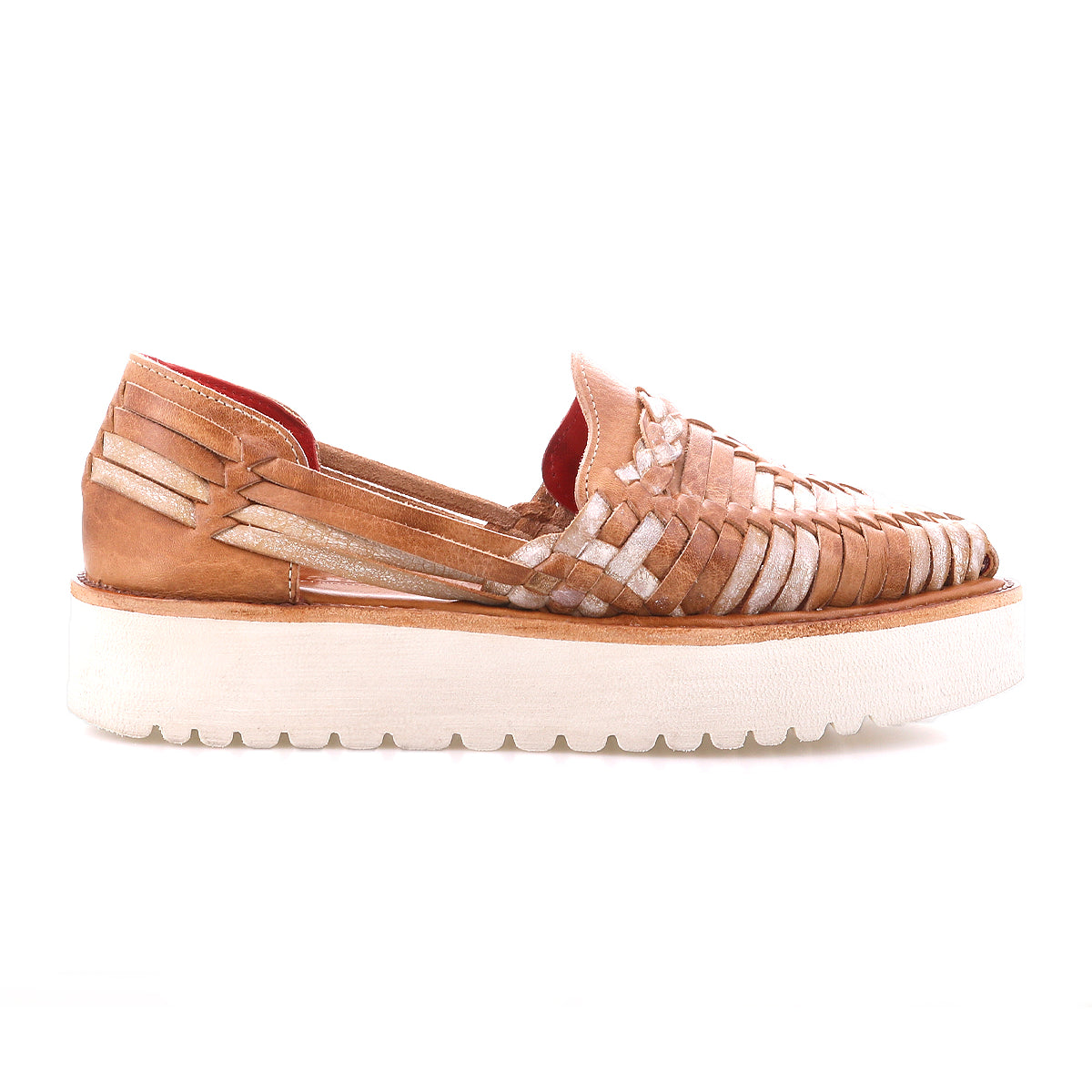 The Bed Stu Lizzie is a brown hand-woven leather platform huarache slip-on with a thick white durable outsole, shown in side profile on a white background.