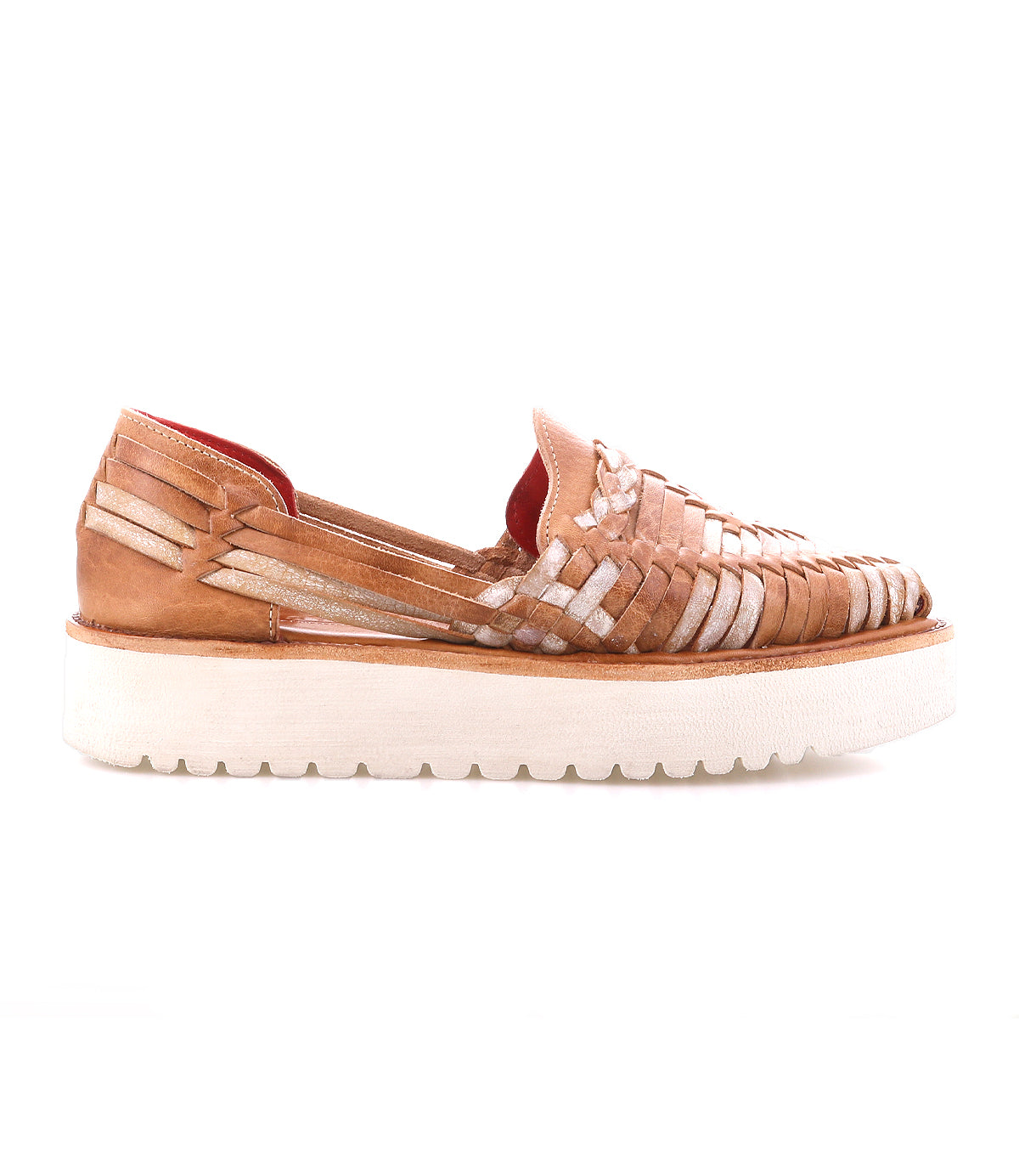 The Bed Stu Lizzie is a brown hand-woven leather platform huarache slip-on with a thick white durable outsole, shown in side profile on a white background.