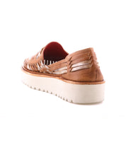 Rear view of the Bed Stu Lizzie, a brown hand-woven leather platform huarache with open side weaving and a thick, durable white outsole.
