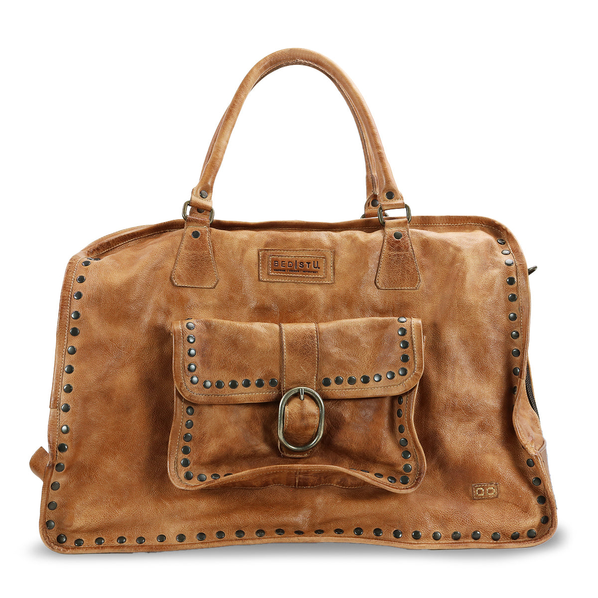 The Bed Stu Loaf is a brown leather handbag featuring dual handles, crafted from quality leather. It includes a front pocket with buckle and stud accents, making it perfect as a chic carry-on.