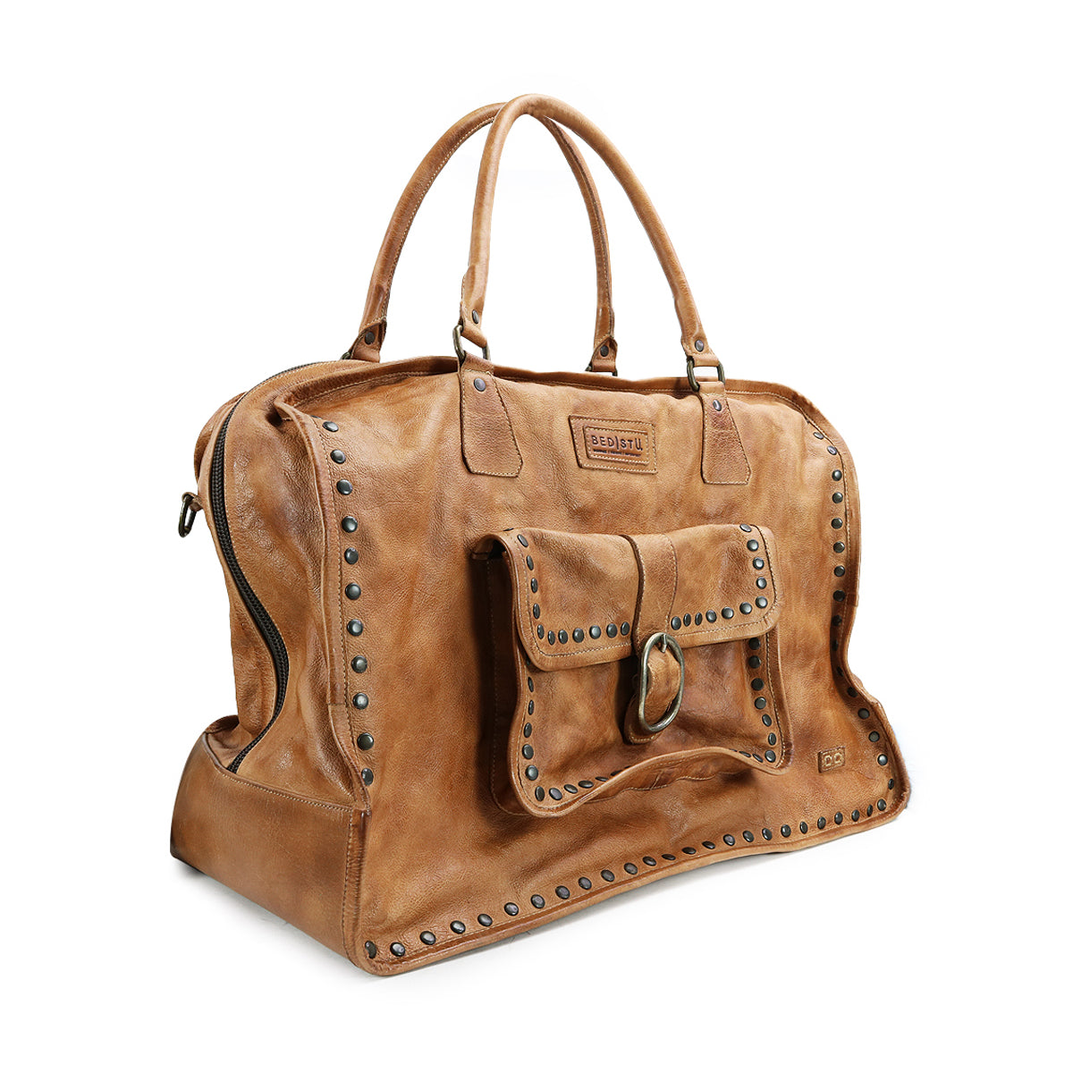 The Loaf by Bed Stu is a brown leather handbag featuring studded details, a front pocket buckle, dual handles, and quality construction, ideal as a classy carry-on.