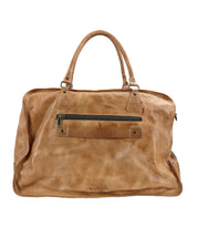 The Loaf by Bed Stu is a large carry-on tote bag, crafted from quality brown leather, featuring handles and a front zipper pocket.