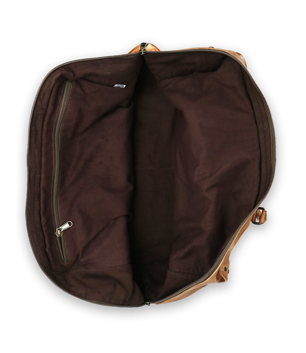 The Bed Stu Loaf is an open brown leather carry-on bag with a dark fabric interior and a handy zippered pocket, crafted from quality leather.