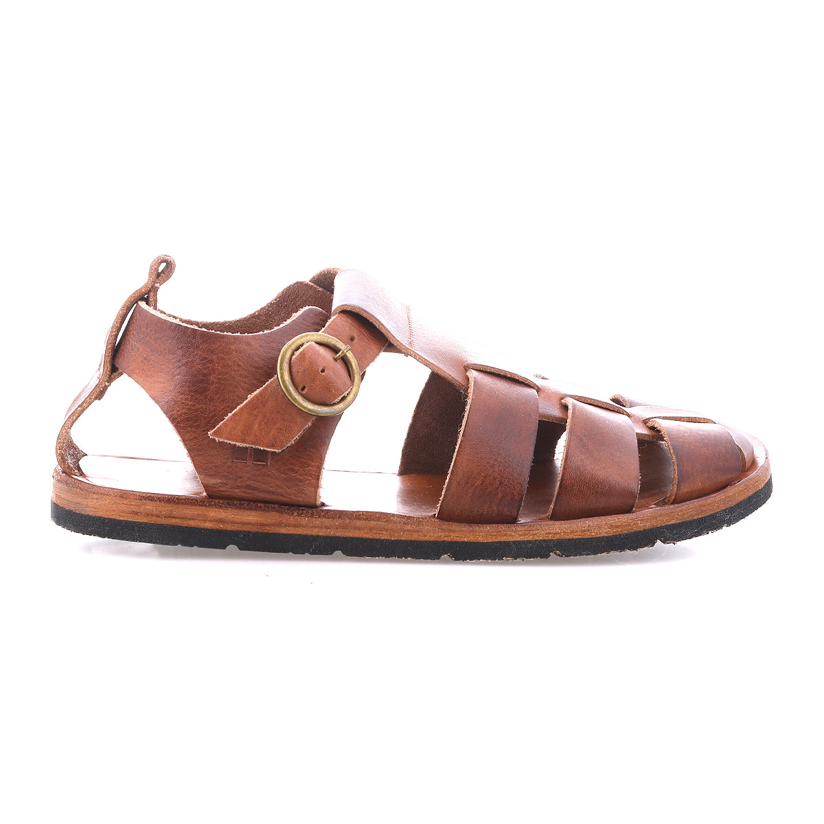 The Bed Stu Lone sandal is a brown distressed leather flat with multiple horizontal straps, an open side view design, and an antique brass buckle closure.