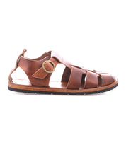 The Bed Stu Lone sandal is a brown distressed leather flat with multiple horizontal straps, an open side view design, and an antique brass buckle closure.