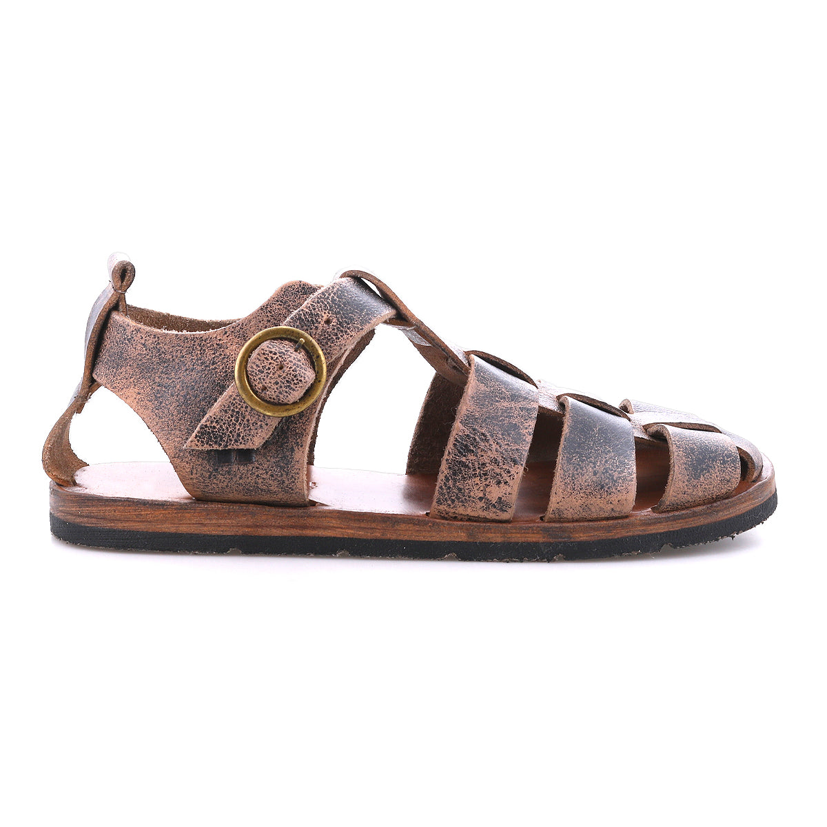 The Bed Stu Lone sandal features distressed brown leather straps, an antique brass buckle closure, a flat sole, and a left side profile view.