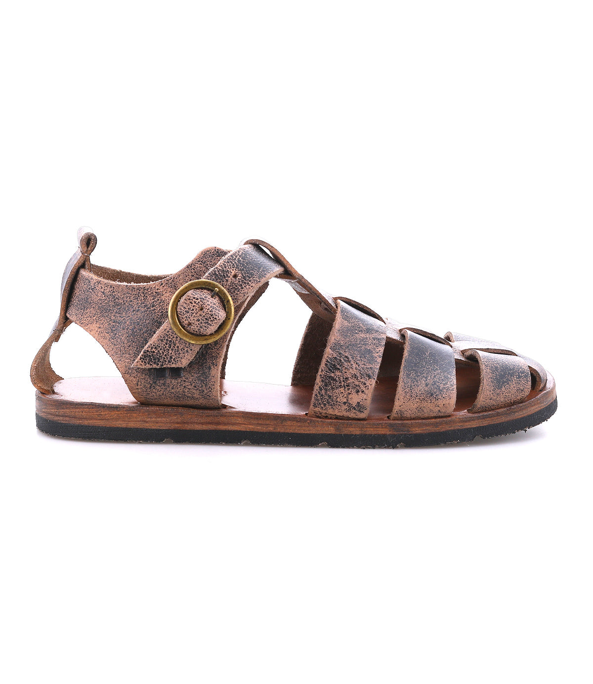 The Bed Stu Lone sandal features distressed brown leather straps, an antique brass buckle closure, a flat sole, and a left side profile view.