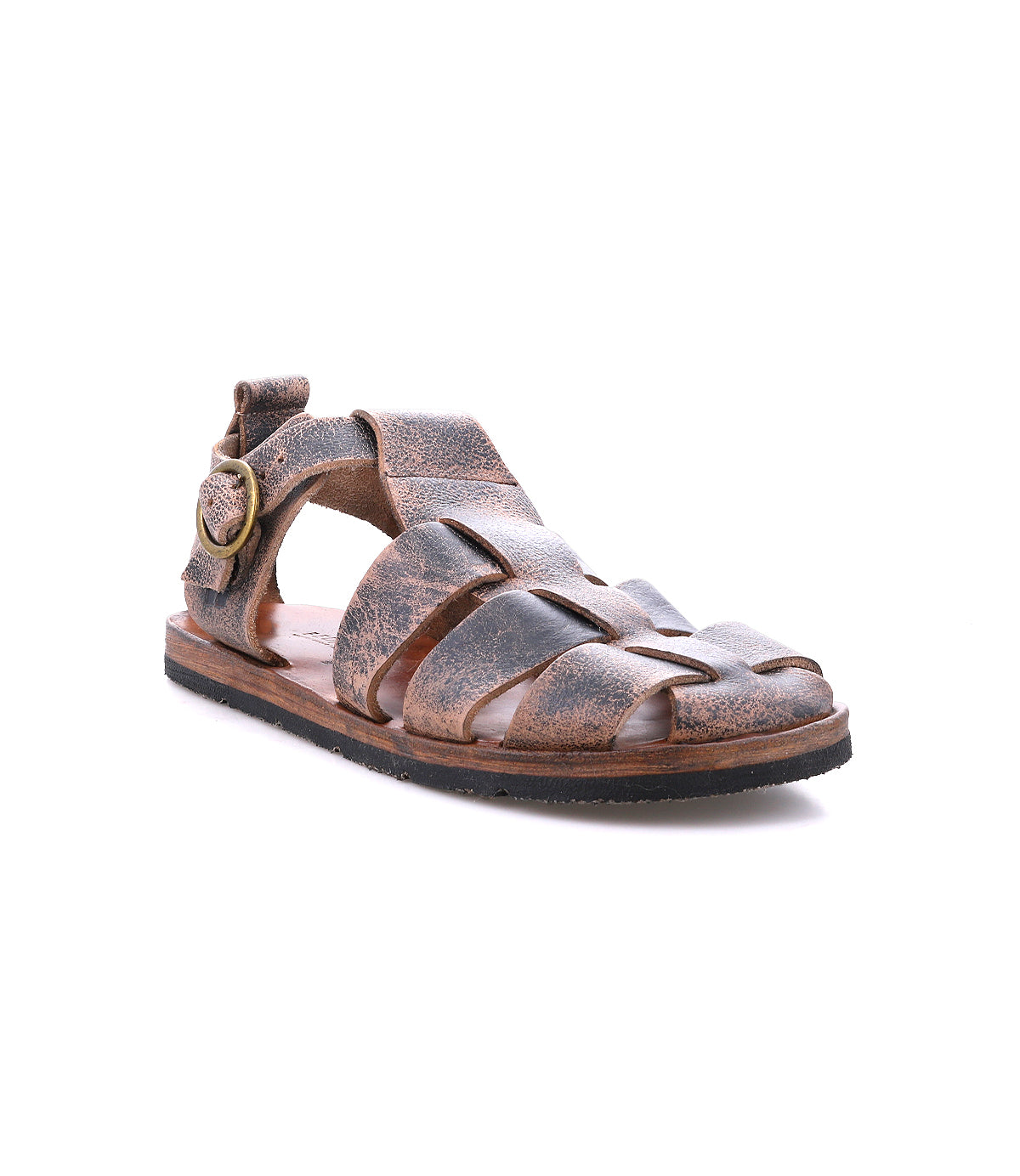 The Bed Stu Lone is a strappy sandal with distressed leather straps, an open toe, an antique brass side buckle, and a flat sole, shown against a white background.