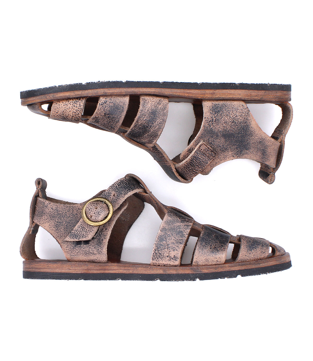 The Bed Stu Lone sandals are brown gladiator-style flats with distressed leather, multiple straps, an antique brass buckle, and flat soles, displayed from side and top views.