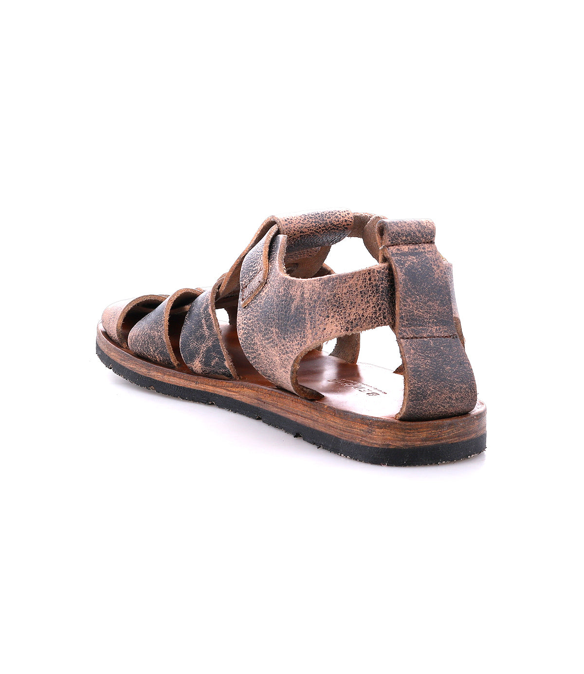 The Bed Stu Lone sandal features distressed brown leather straps and an antique brass buckle, offering a worn-in look. It's shown from the back at an angle against a white background.