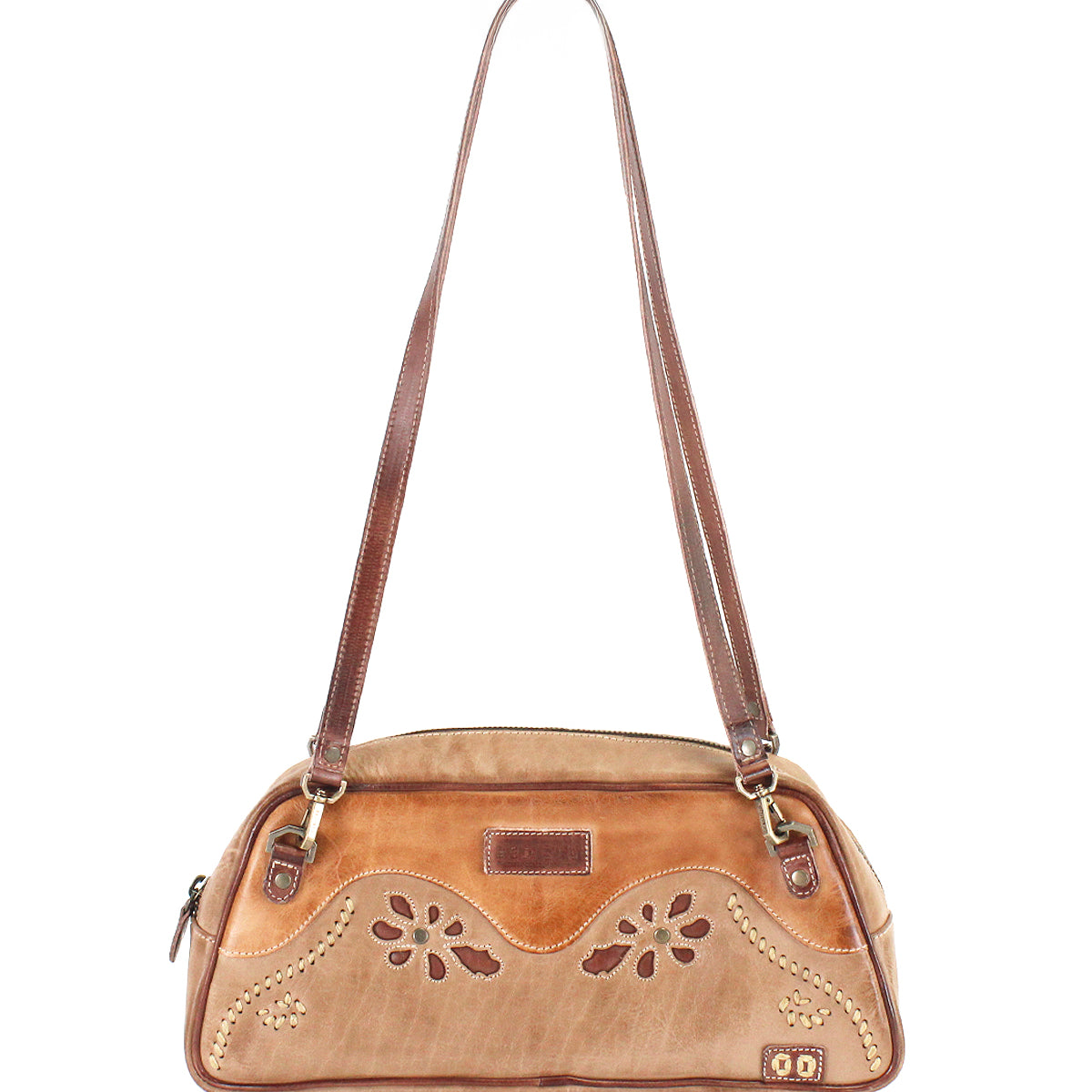 Lorien compact tan leather shoulder bag featuring two straps and floral motif cutout details.