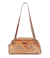 Lorien compact tan leather shoulder bag featuring two straps and floral motif cutout details.