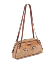 Bed|Stü Lorien brown leather shoulder bag featuring a floral motif, contrast stitching, and color-blocked details.